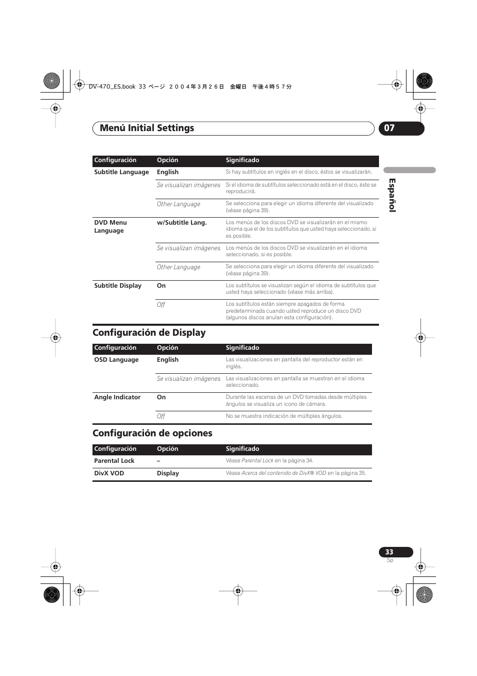 Configuración de display, Configuración de opciones, Menú initial settings 07 | Configuración de display configuración de opciones, Español | Pioneer DV-470-K User Manual | Page 33 / 86