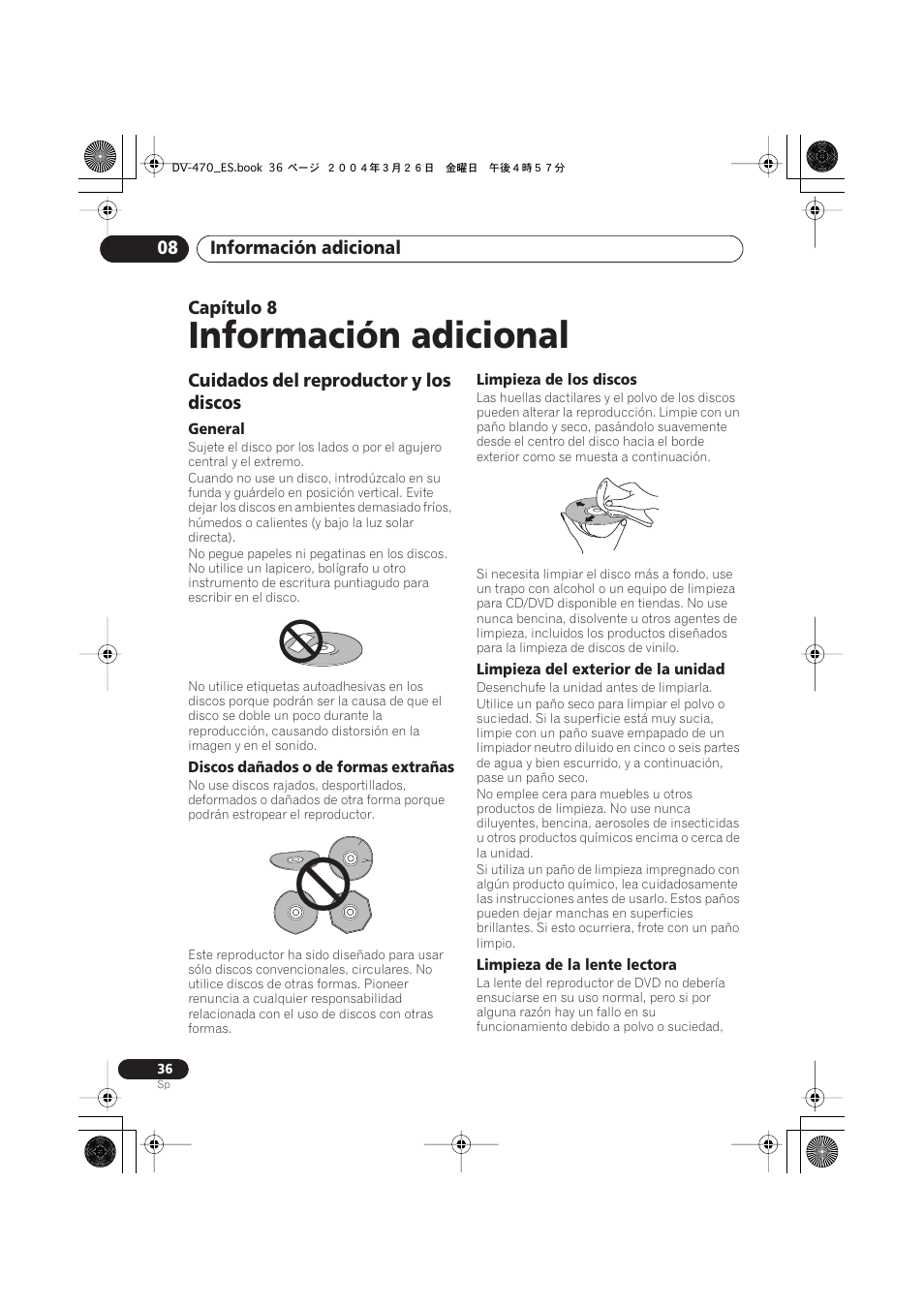 08 información adicional, Cuidados del reproductor y los discos, Información adicional | Pioneer DV-470-K User Manual | Page 36 / 86