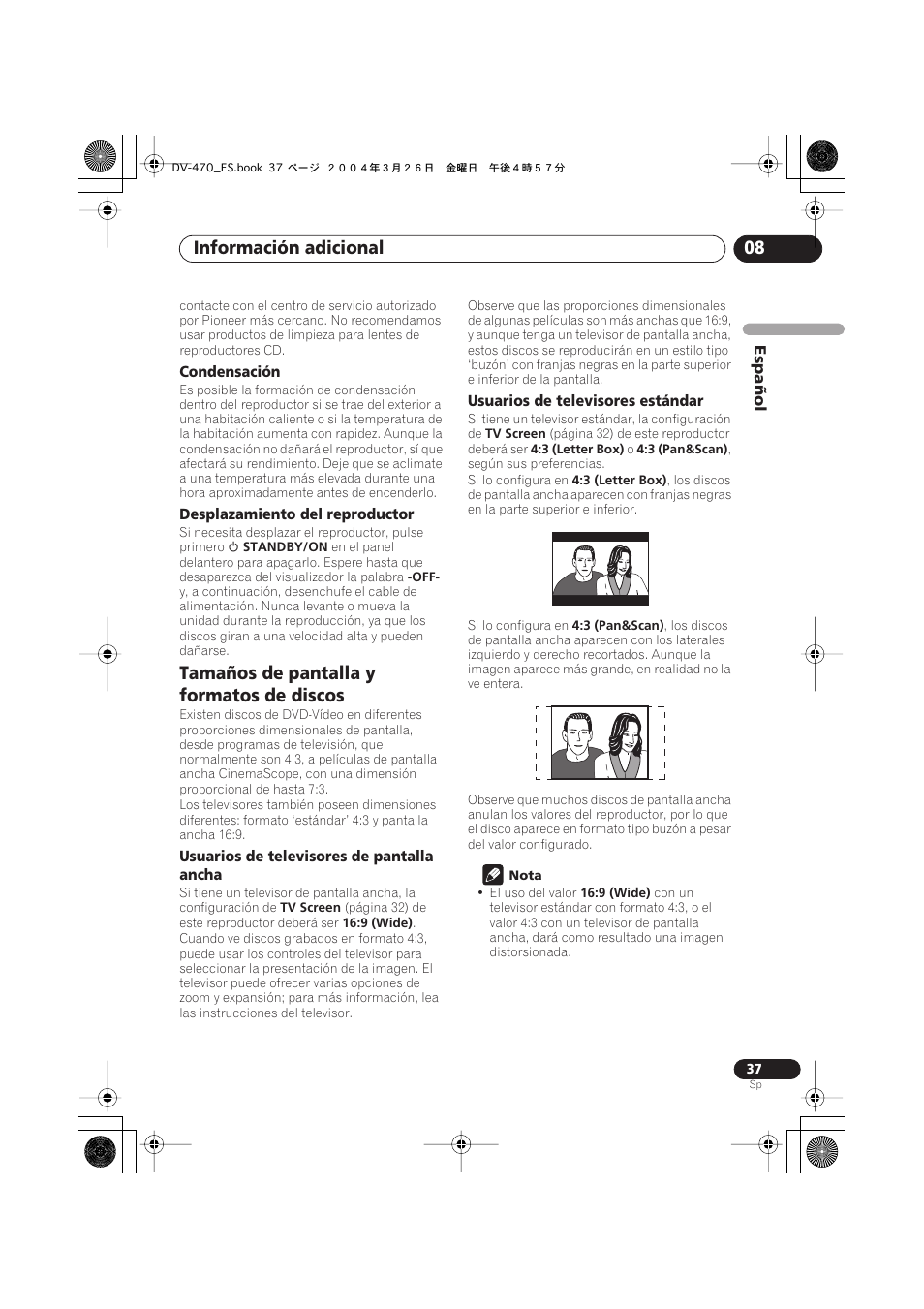 Tamaños de pantalla y formatos de discos, Información adicional 08 | Pioneer DV-470-K User Manual | Page 37 / 86