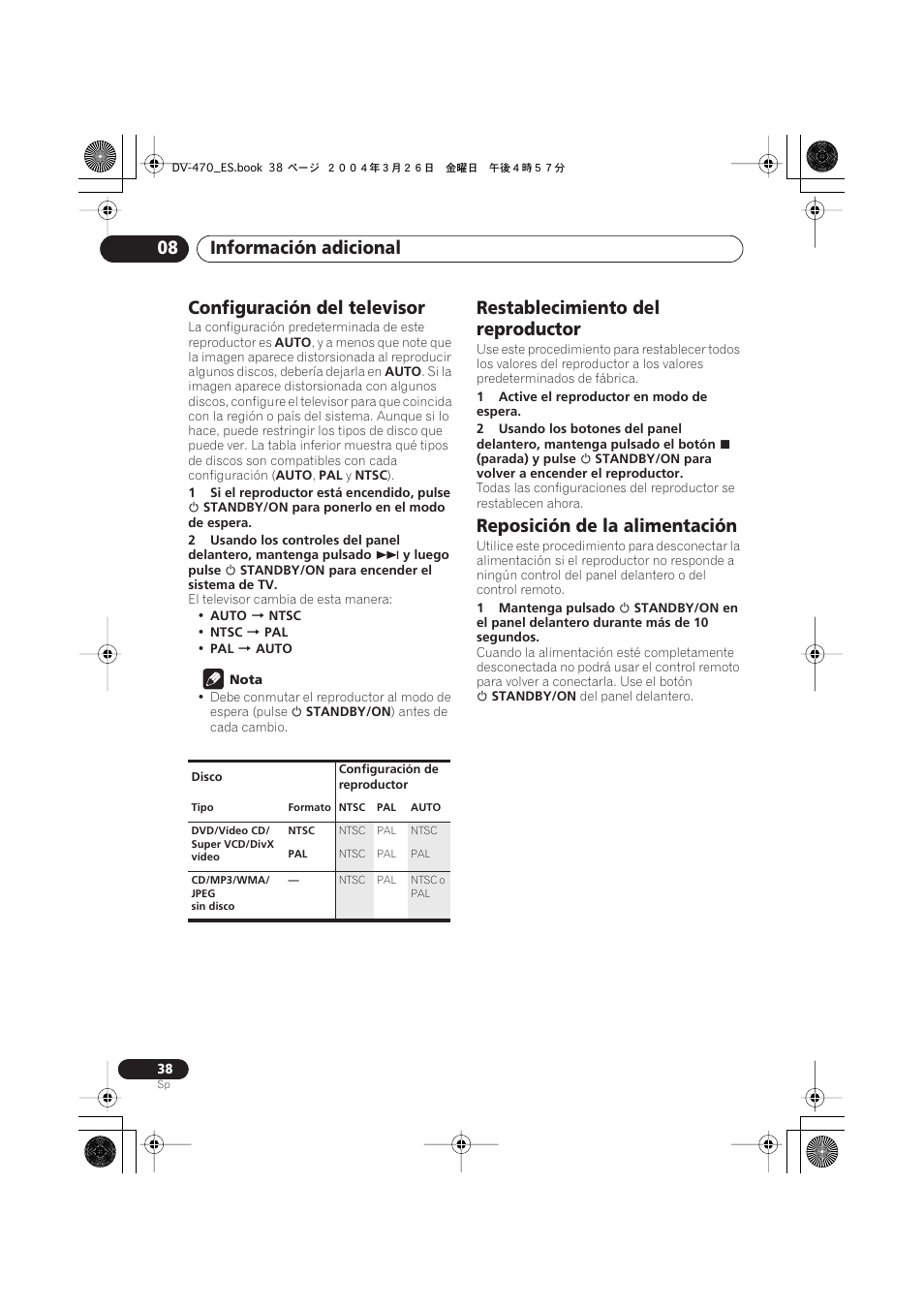 Configuración del televisor, Restablecimiento del reproductor, Reposición de la alimentación | Información adicional 08 | Pioneer DV-470-K User Manual | Page 38 / 86