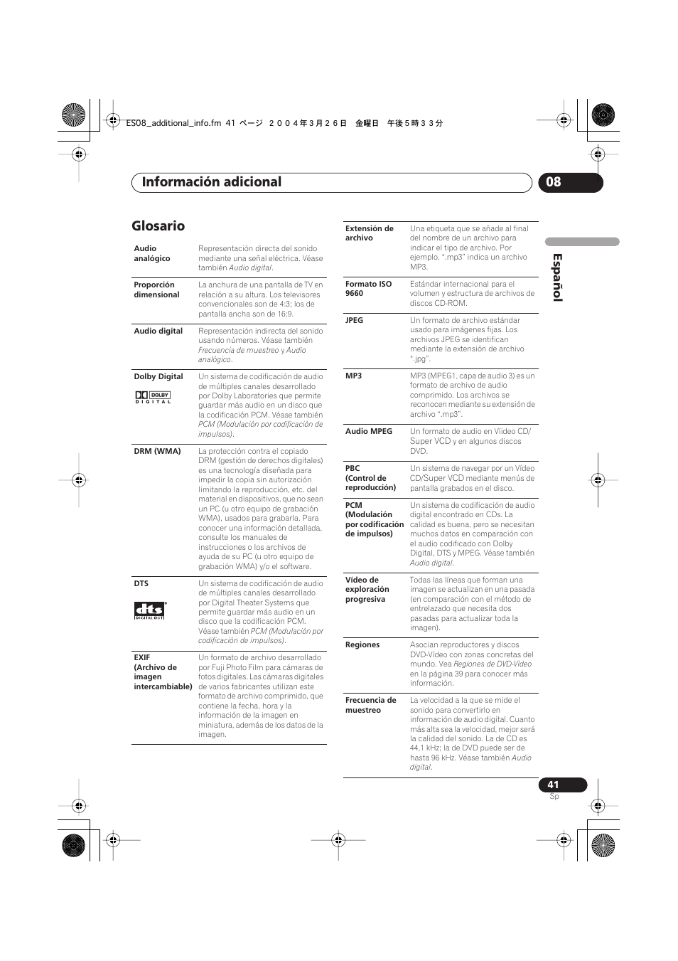 Glosario, Información adicional 08, Español | Pioneer DV-470-K User Manual | Page 41 / 86