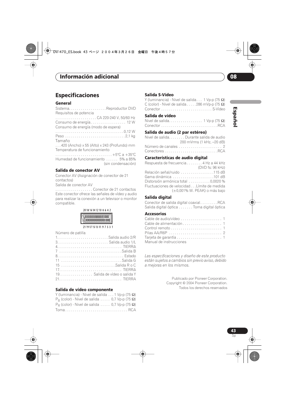 Especificaciones, Información adicional 08, Español | Pioneer DV-470-K User Manual | Page 43 / 86