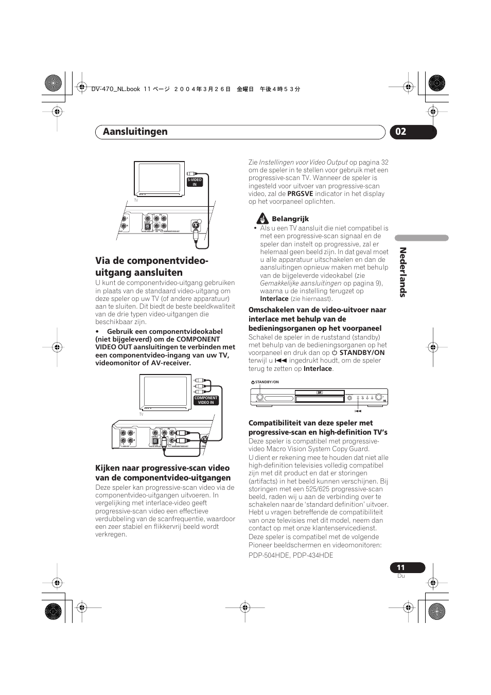 Via de componentvideo-uitgang aansluiten, Aansluitingen 02, Via de componentvideo- uitgang aansluiten | Nederlands, Standby/on open/close | Pioneer DV-470-K User Manual | Page 53 / 86
