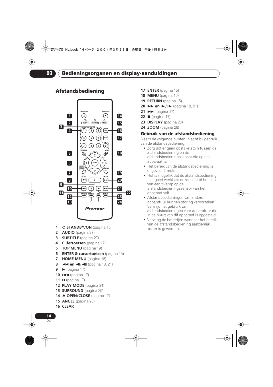 Afstandsbediening, Bedieningsorganen en display-aanduidingen 03 | Pioneer DV-470-K User Manual | Page 56 / 86