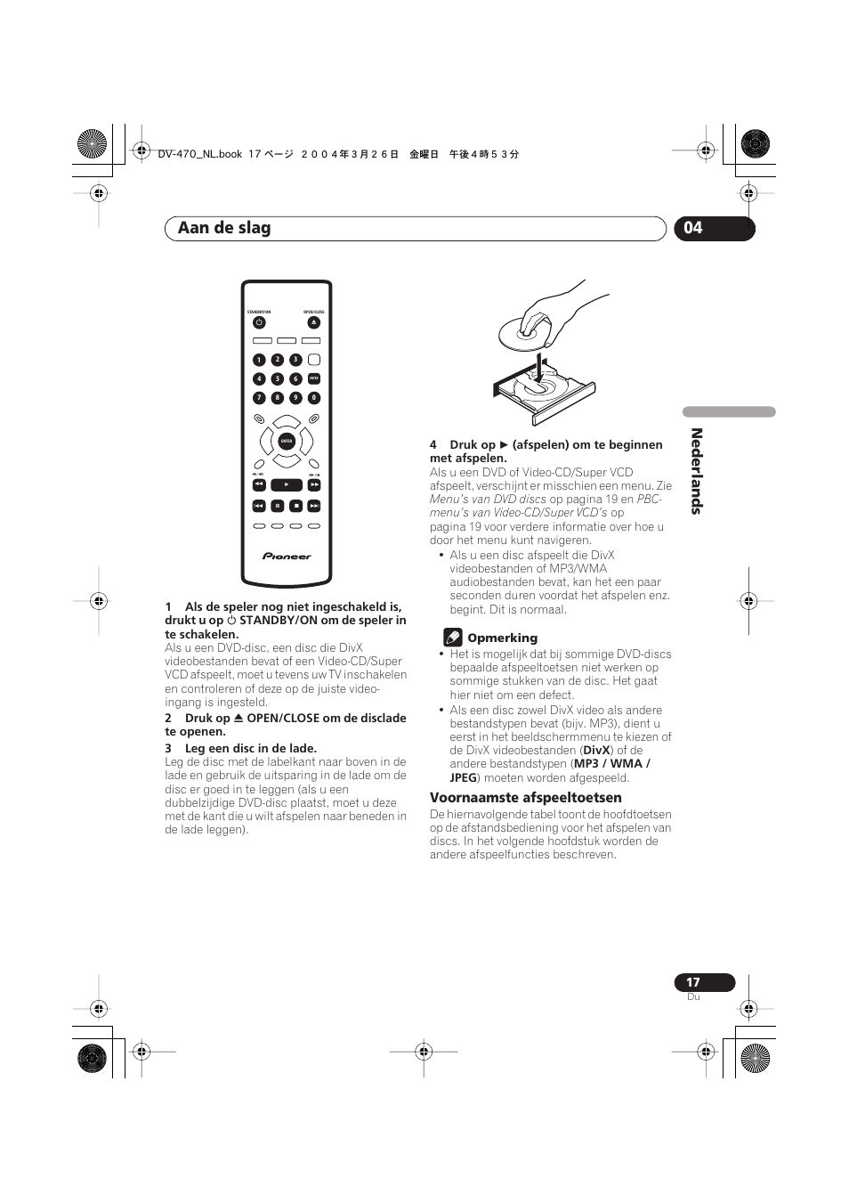 Aan de slag 04, Nederlands, Voornaamste afspeeltoetsen | Pioneer DV-470-K User Manual | Page 59 / 86