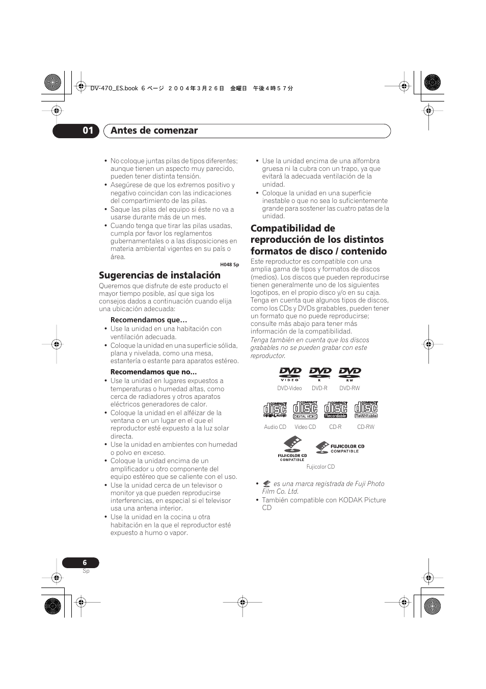 Sugerencias de instalación, Antes de comenzar 01 | Pioneer DV-470-K User Manual | Page 6 / 86
