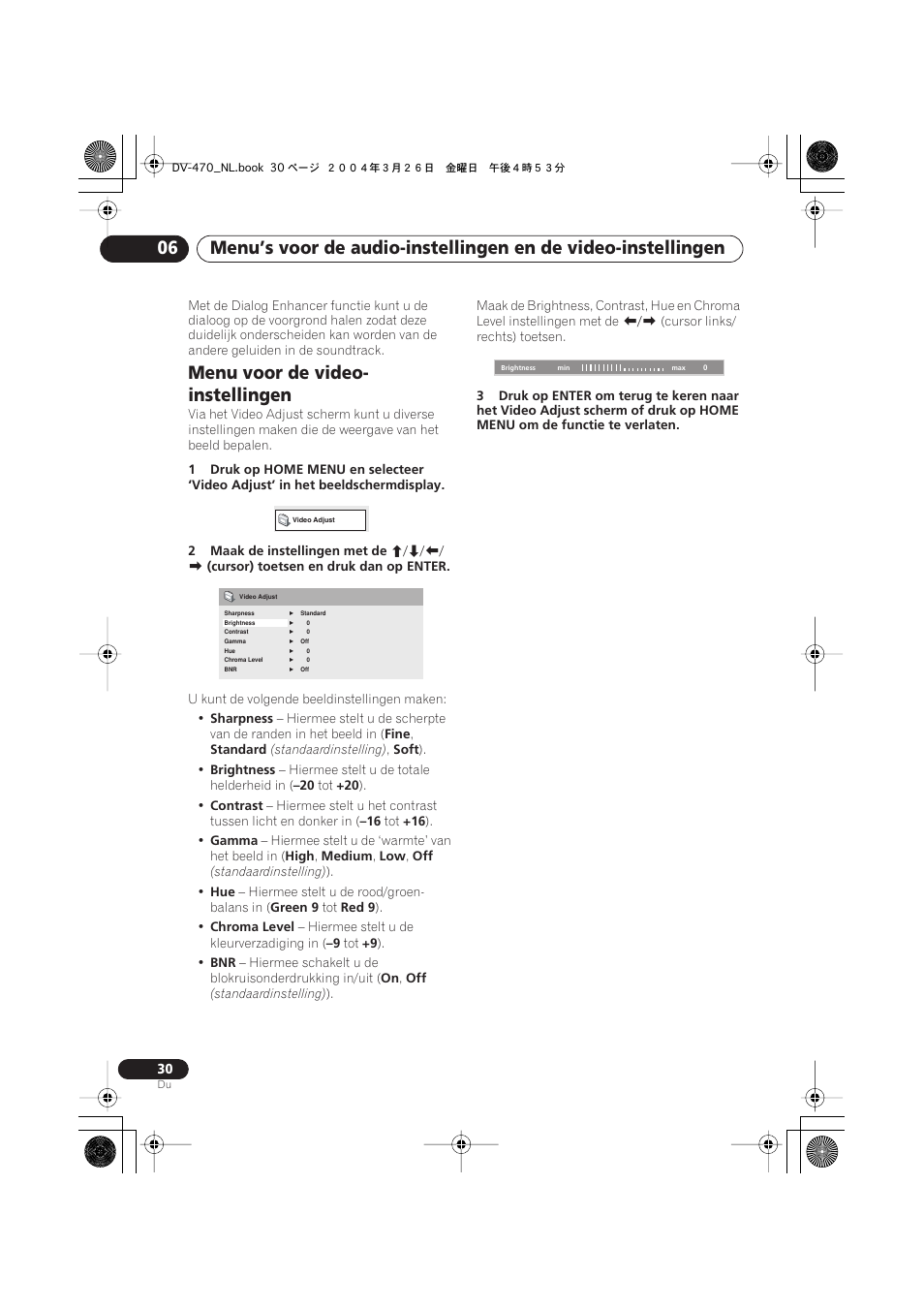 Menu voor de video-instellingen, Menu voor de video- instellingen | Pioneer DV-470-K User Manual | Page 72 / 86