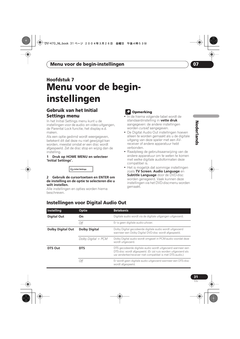 07 menu voor de begin-instellingen, Gebruik van het initial settings menu, Instellingen voor digital audio out | Menu voor de begin- instellingen, Menu voor de begin-instellingen 07, Hoofdstuk 7 | Pioneer DV-470-K User Manual | Page 73 / 86