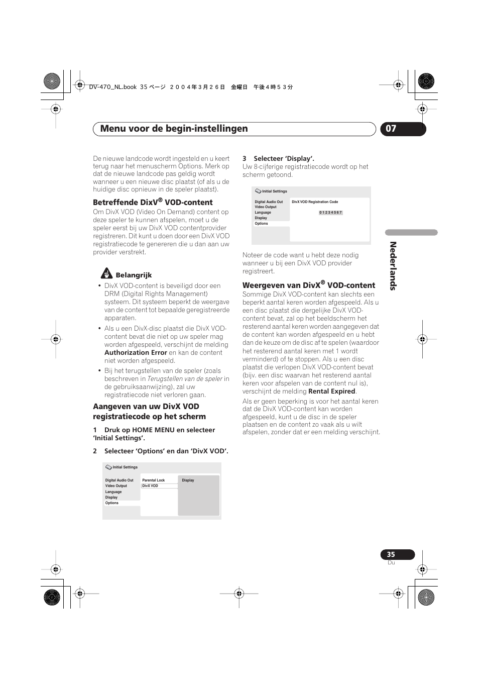 Menu voor de begin-instellingen 07, Nederlands, Betreffende dixv | Vod-content, Weergeven van divx | Pioneer DV-470-K User Manual | Page 77 / 86