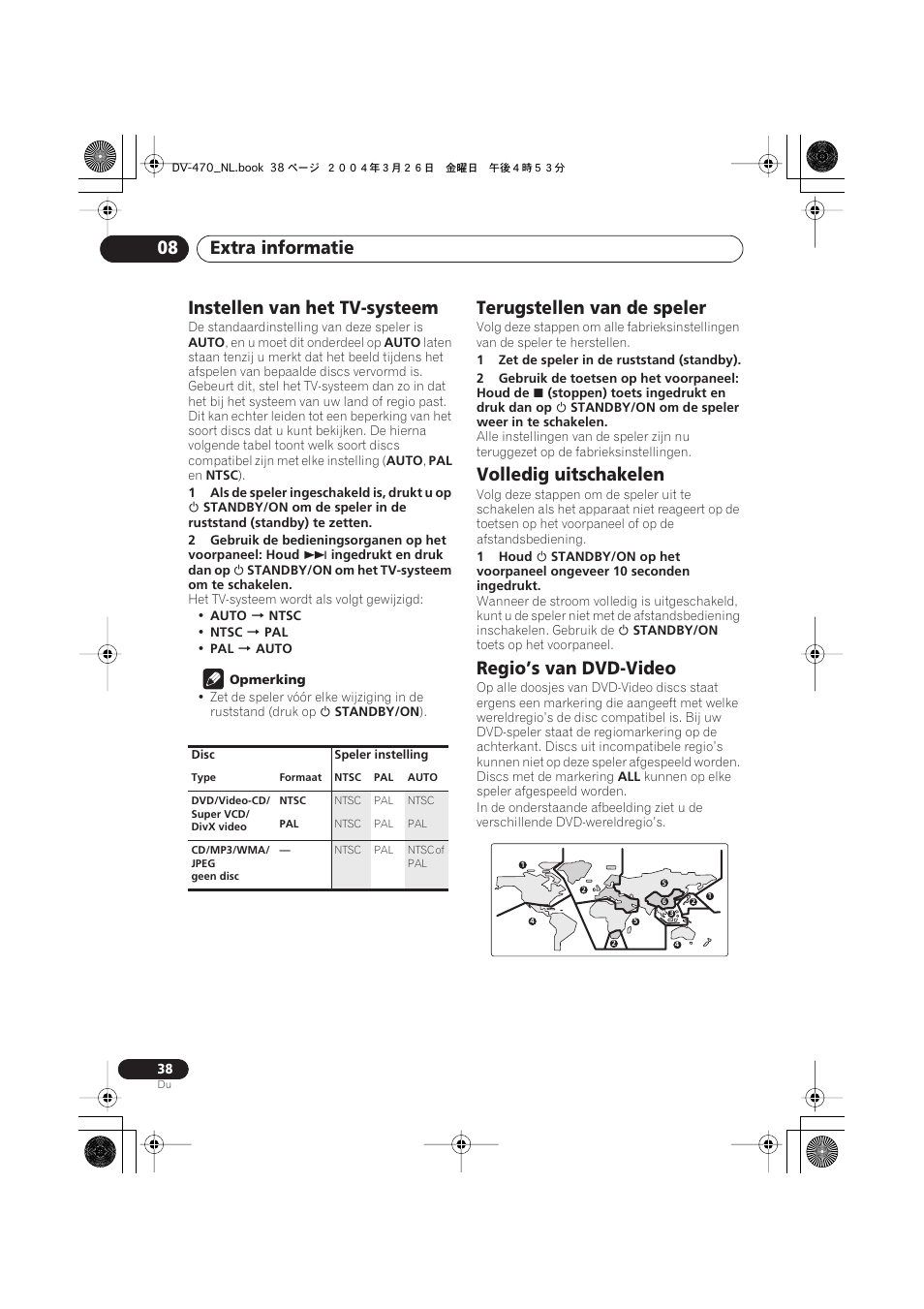 Instellen van het tv-systeem, Terugstellen van de speler, Volledig uitschakelen | Regio’s van dvd-video, Extra informatie 08 | Pioneer DV-470-K User Manual | Page 80 / 86