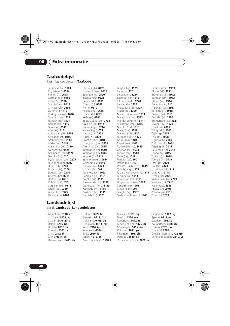 Taalcodelijst, Landcodelijst, Extra informatie 08 | Pioneer DV-470-K User Manual | Page 82 / 86