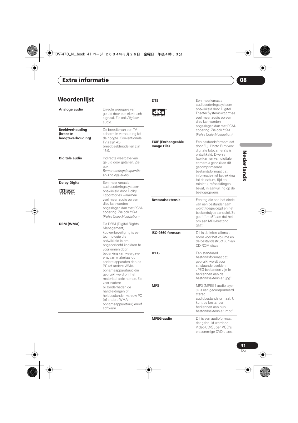 Woordenlijst, Extra informatie 08, Nederlands | Pioneer DV-470-K User Manual | Page 83 / 86
