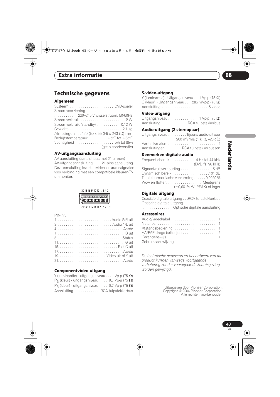 Technische gegevens, Extra informatie 08, Nederlands | Pioneer DV-470-K User Manual | Page 85 / 86