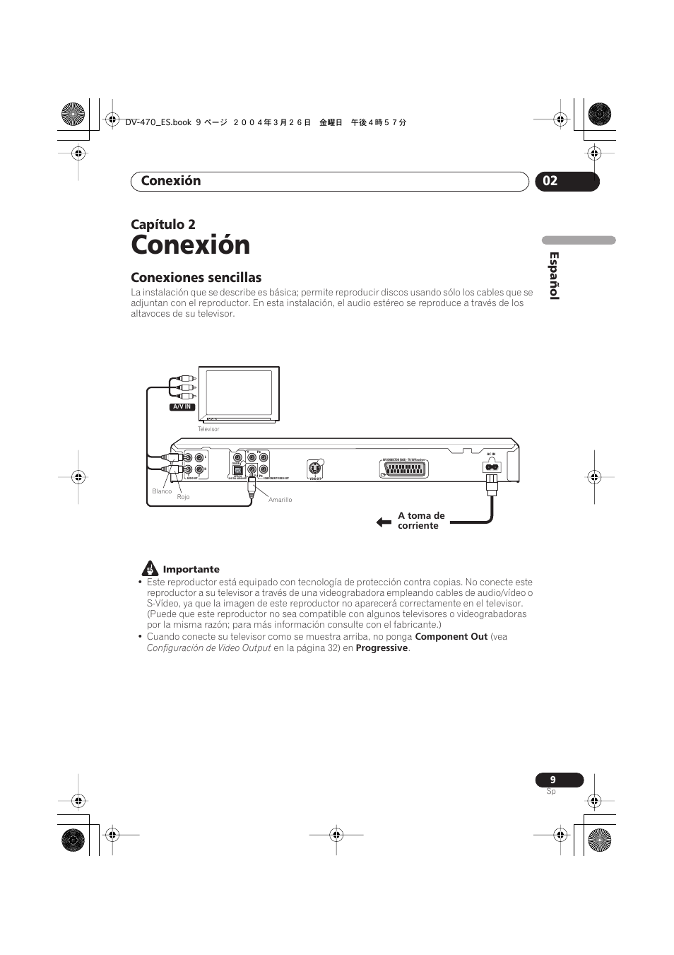 02 conexión, Conexiones sencillas, Conexión | Conexión 02, Capítulo 2, Español | Pioneer DV-470-K User Manual | Page 9 / 86
