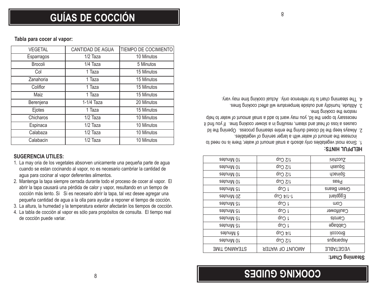 Cooking guides, Guías de cocción | Aroma ARC-720-1G User Manual | Page 10 / 12