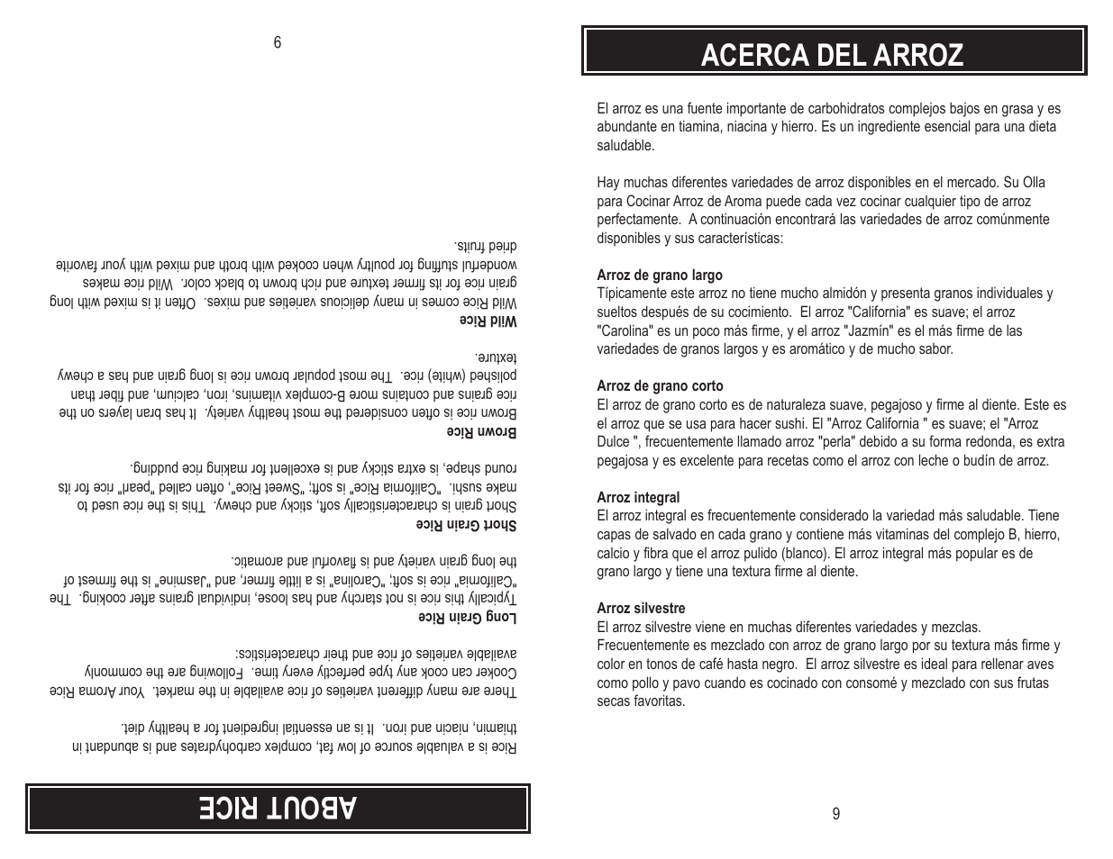 About rice, Acerca del arroz | Aroma ARC-720-1G User Manual | Page 11 / 12