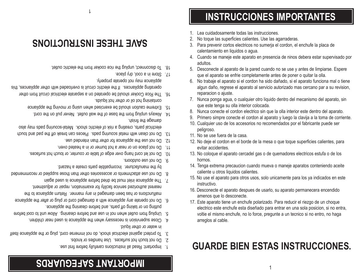Important safeguards, Save these instructions, Instrucciones importantes | Guarde bien estas instrucciones | Aroma ARC-720-1G User Manual | Page 3 / 12