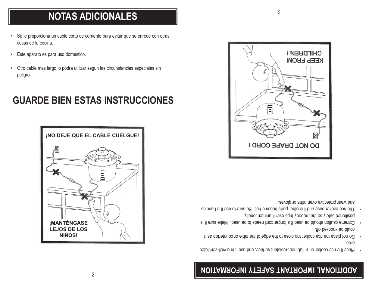 Notas adicionales, Guarde bien estas instrucciones, Additionalimport ant safetyinforma tion | Aroma ARC-720-1G User Manual | Page 4 / 12