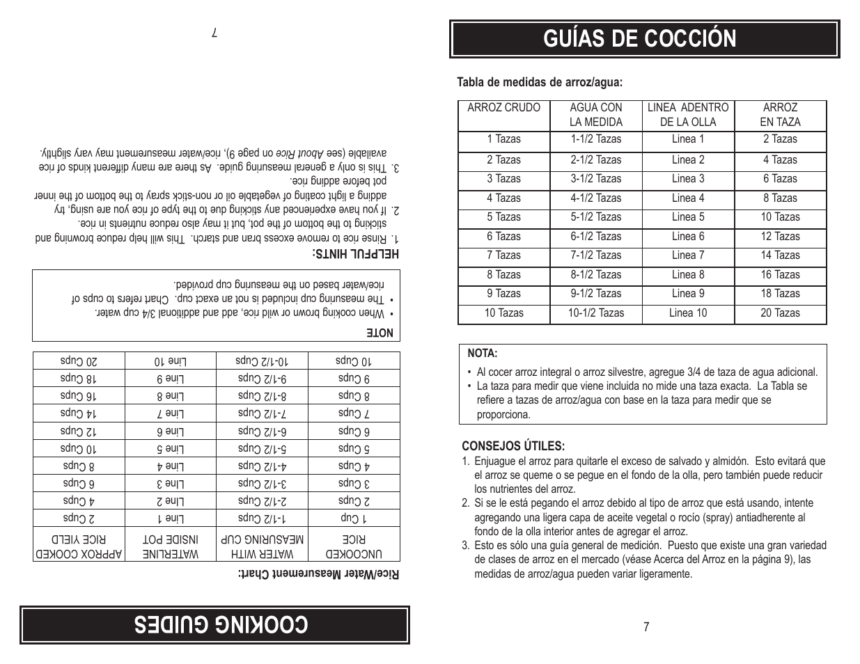 Cooking guides, Guías de cocción | Aroma ARC-720-1G User Manual | Page 9 / 12