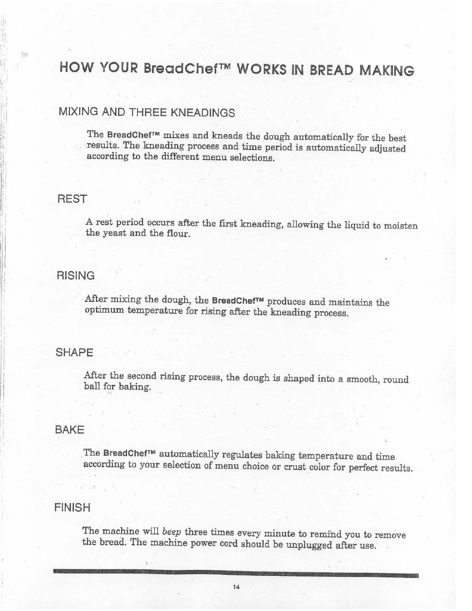 How your breadchef™ works in bread making, Mixing and three kneadings, Rest | Rising, Shape, Bake, Finish | Aroma BREADCHEF ABM-220 User Manual | Page 16 / 25