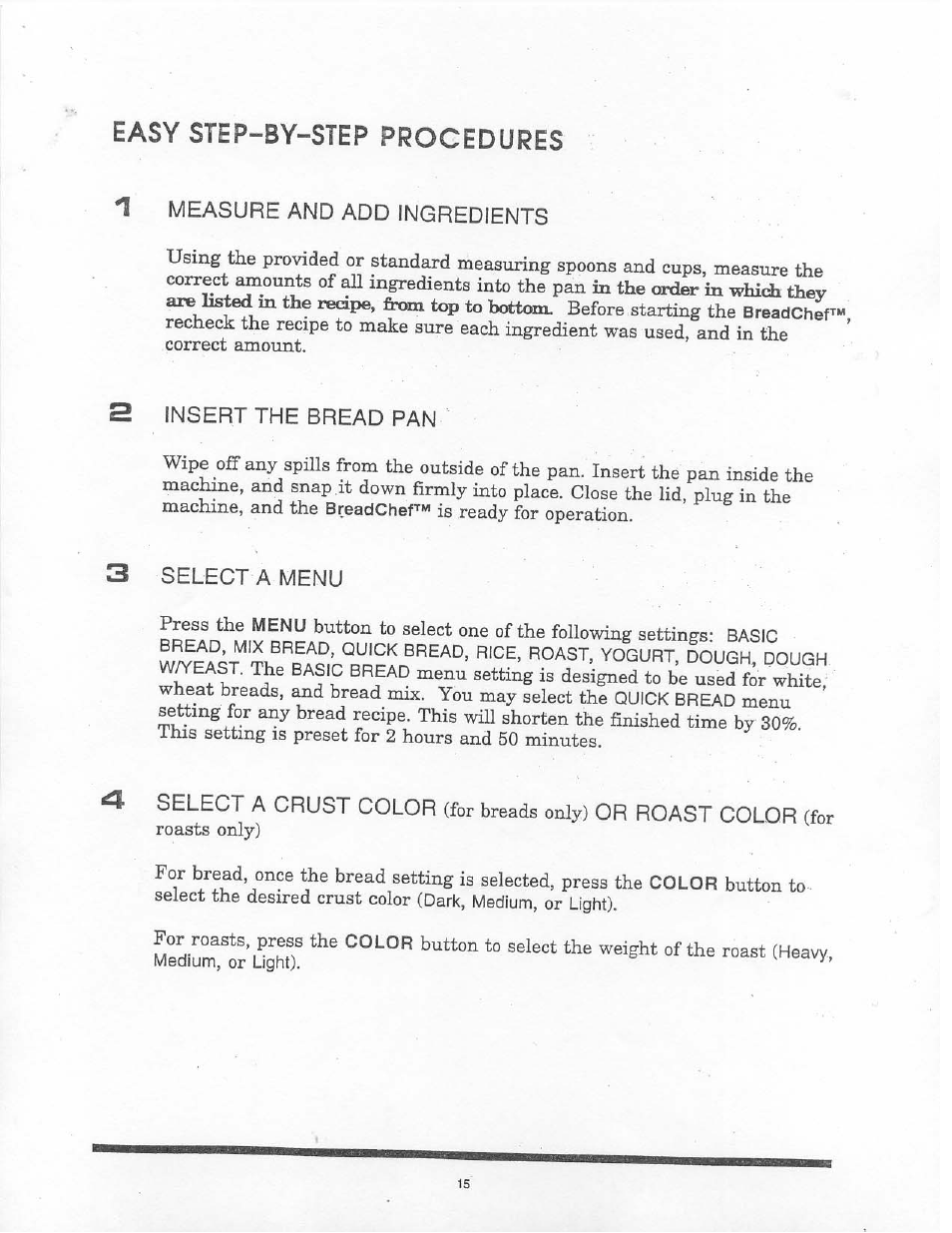 Easy step-by-step procedures, Measure and add ingredients, Insert the bread pan | 3 select a menu | Aroma BREADCHEF ABM-220 User Manual | Page 17 / 25