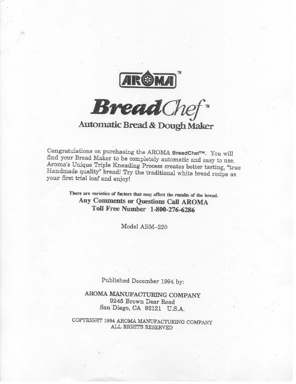 Breadchef, Automatic bread & dough maher | Aroma BREADCHEF ABM-220 User Manual | Page 2 / 25