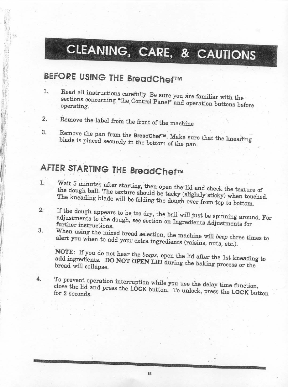 Cleaning, care, & , cautions, Before using the breadchef, After starting the breadchef | Cleaning, care, & cautions | Aroma BREADCHEF ABM-220 User Manual | Page 20 / 25
