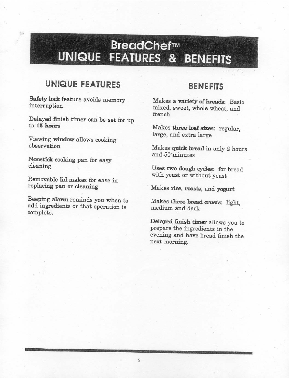 Uni^lue features 8^ benefits, Unique features, Unique features and benefits | Aroma BREADCHEF ABM-220 User Manual | Page 6 / 25