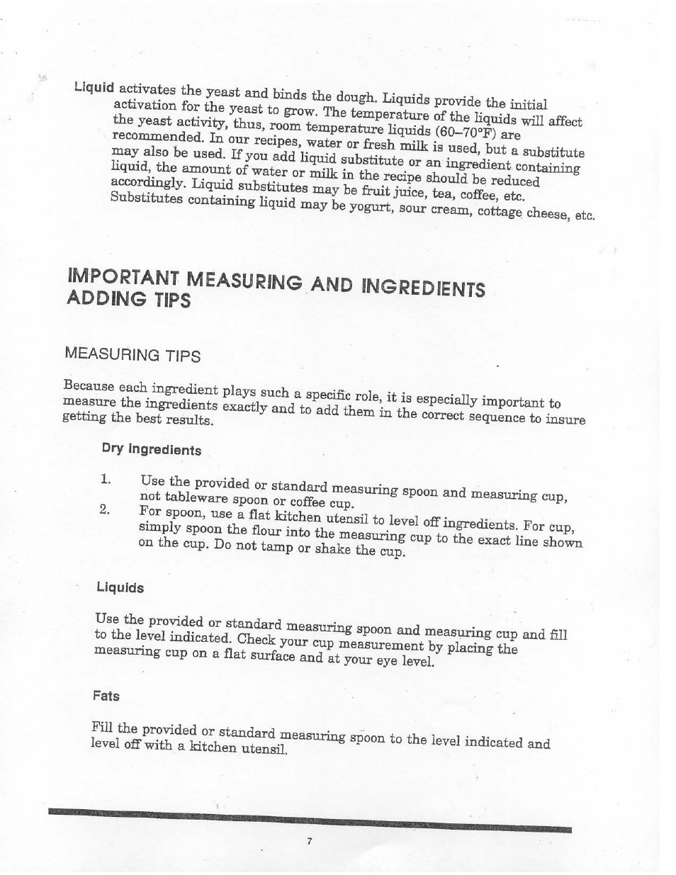 Important measuring and ingredients adding tips, Measuring tips, Dry ingredients | Liquids, Fats | Aroma BREADCHEF ABM-220 User Manual | Page 9 / 25