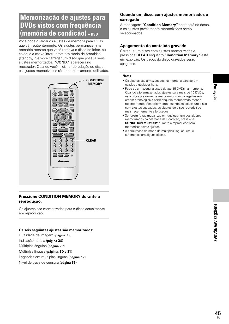 Memorização de ajustes para dvds vistos com, Frequência (memória de condição), Fun çõ es a v an ç adas portugu ê s | Apagamento do conteúdo gravado, Clear | Pioneer DV-343 User Manual | Page 101 / 112