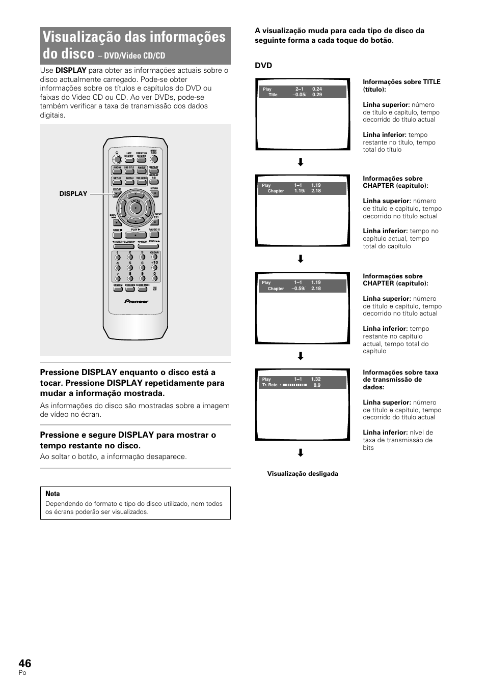 Visualização das informações do disco, Dvd/video cd/cd, Ao soltar o botão, a informação desaparece. nota | Display | Pioneer DV-343 User Manual | Page 102 / 112