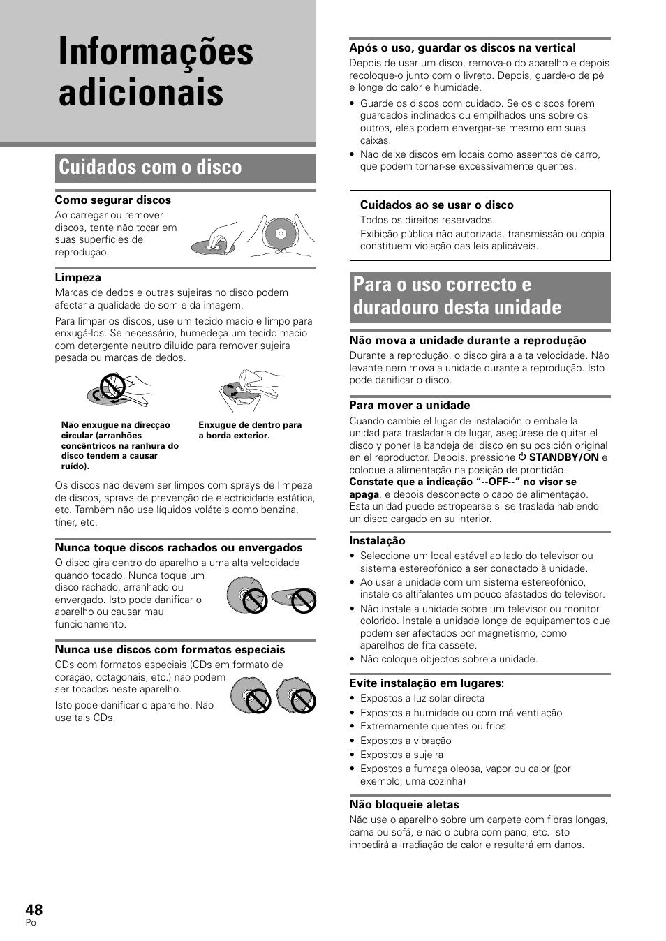 Informações adicionais, Cuidados com o disco, Para o uso correcto e duradouro desta unidade | Pioneer DV-343 User Manual | Page 104 / 112