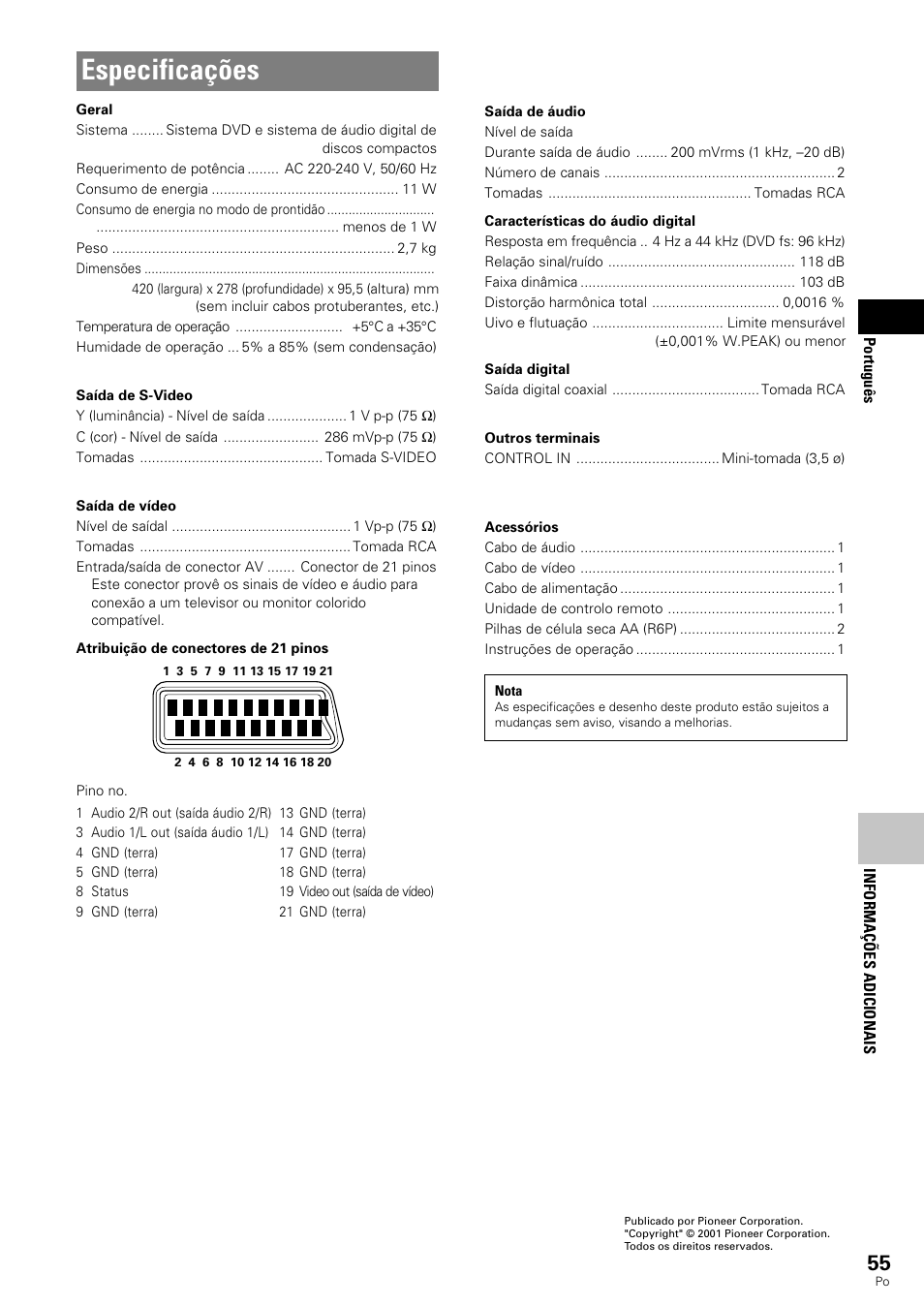 Especificações | Pioneer DV-343 User Manual | Page 111 / 112