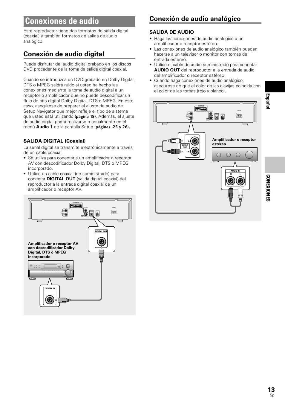 Conexiones de audio, Conexión de audio digital, Conexión de audio analógico | Conexiones espa ñ ol, Salida digital (coaxial), Salida de audio | Pioneer DV-343 User Manual | Page 15 / 112