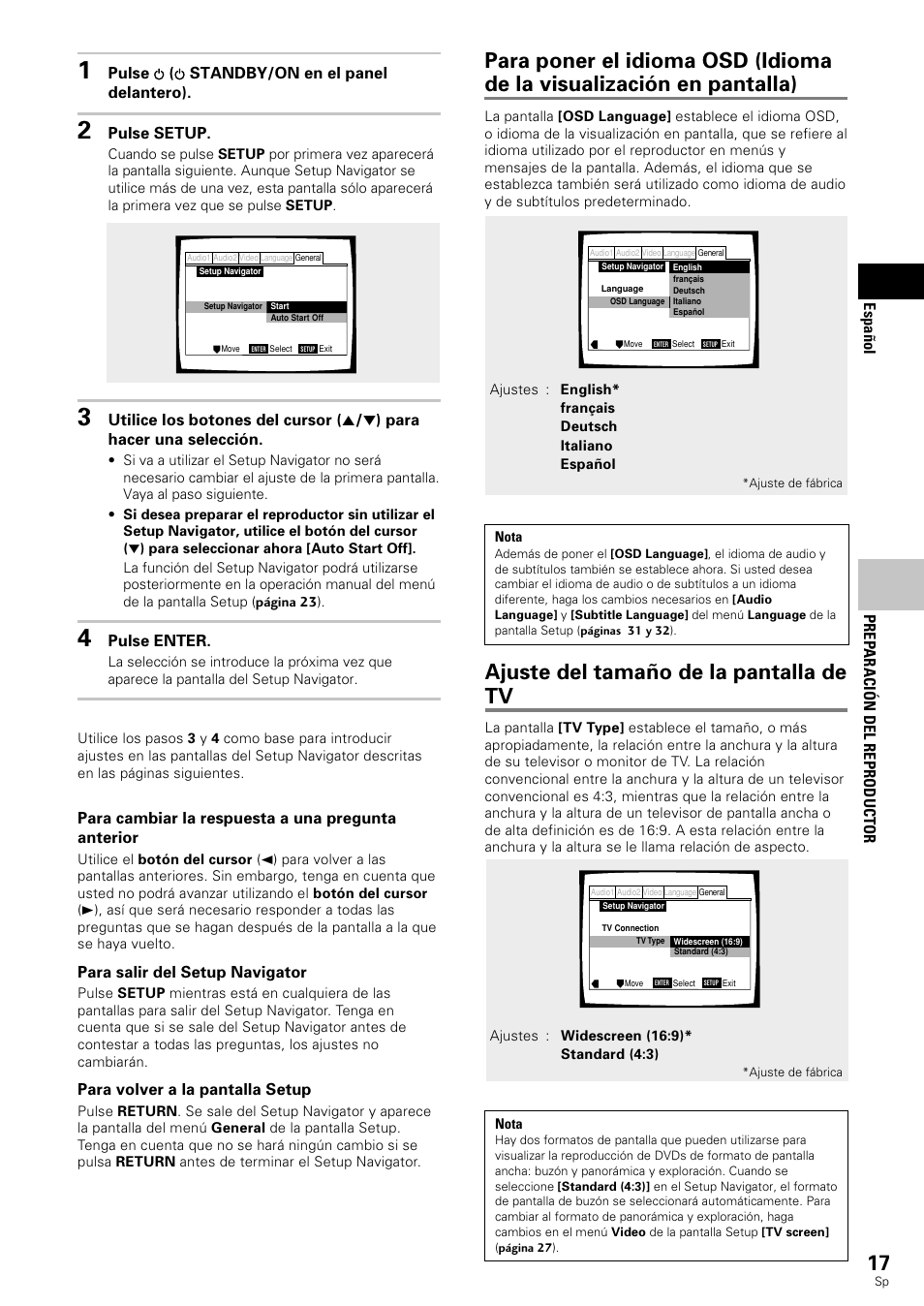 Ajuste del tamaño de la pantalla de tv | Pioneer DV-343 User Manual | Page 19 / 112