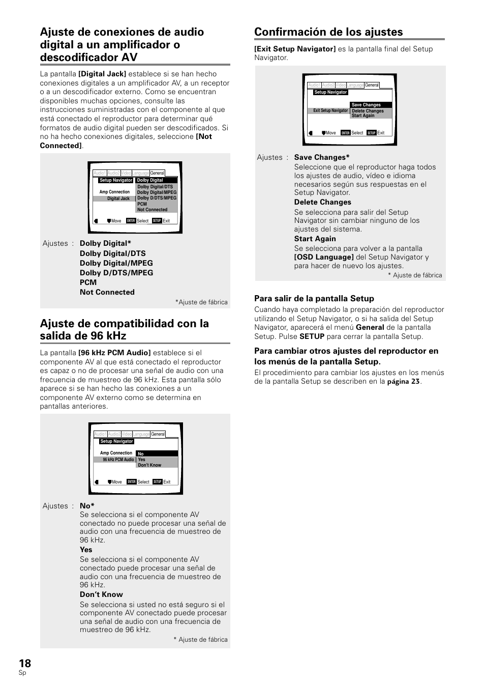 Confirmación de los ajustes, Ajuste de compatibilidad con la salida de 96 khz, Para salir de la pantalla setup | Pioneer DV-343 User Manual | Page 20 / 112