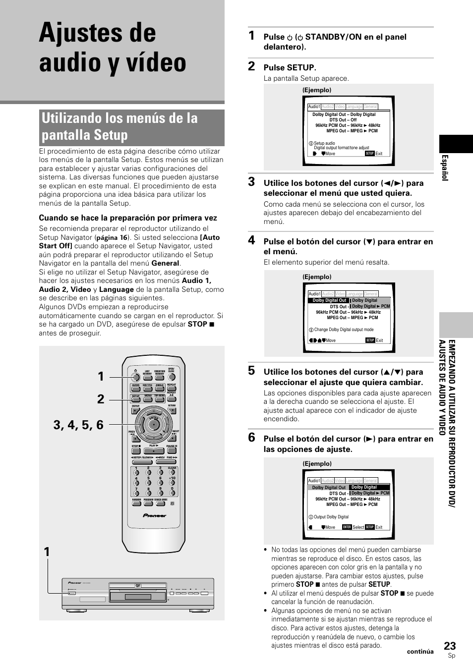 Ajustes de audio y vídeo, Utilizando los menús de la pantalla setup, Español | Cuando se hace la preparación por primera vez, Pulse ( standby/on en el panel delantero), Pulse setup, La pantalla setup aparece, El elemento superior del menú resalta, Standby/on dvd pla yer | Pioneer DV-343 User Manual | Page 25 / 112