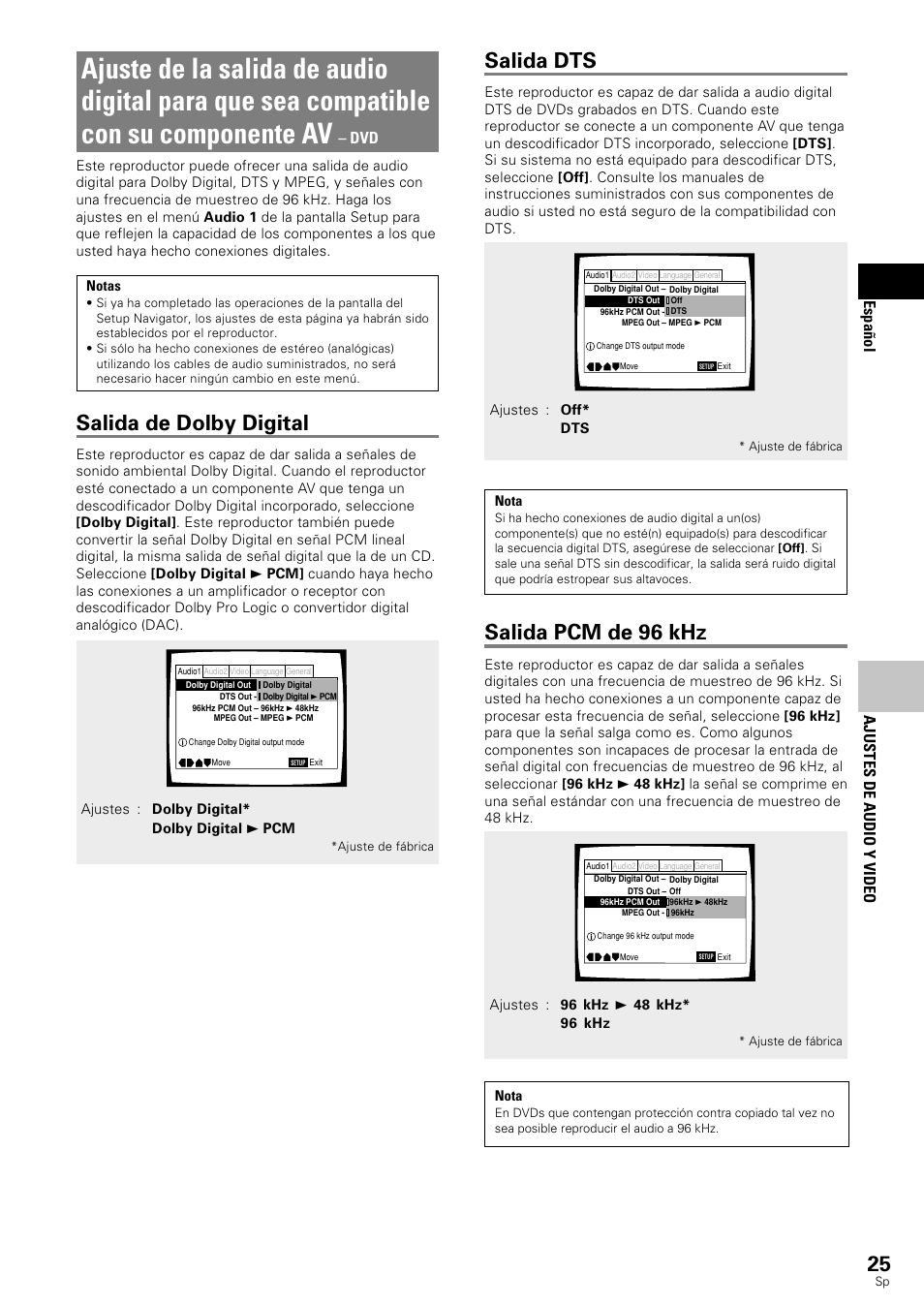 Ajuste de la salida de audio digital para que sea, Compatible con su componente av, Salida de dolby digital | Salida dts, Salida pcm de 96 khz, Ajustes de audio y video espa ñ ol | Pioneer DV-343 User Manual | Page 27 / 112
