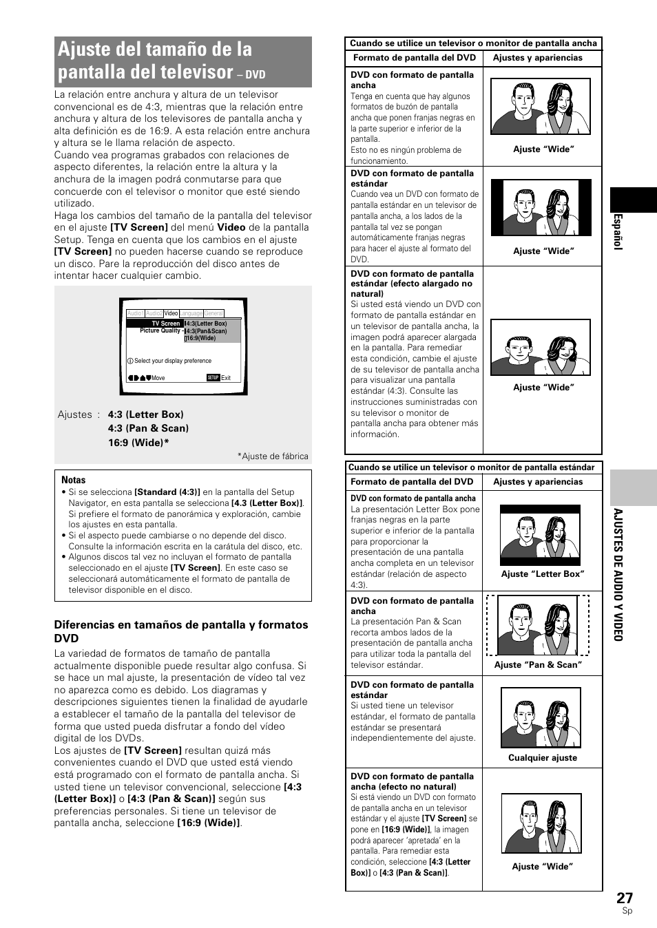 Ajuste del tamaño de la pantalla del televisor, Ajustes de audio y video espa ñ ol, Diferencias en tamaños de pantalla y formatos dvd | Pioneer DV-343 User Manual | Page 29 / 112