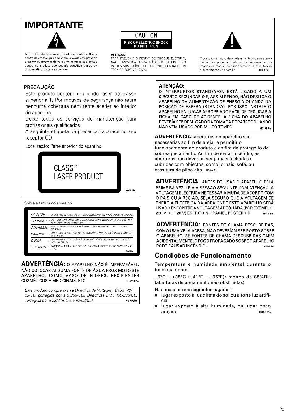 Condições de funcionamento | Pioneer DV-343 User Manual | Page 3 / 112