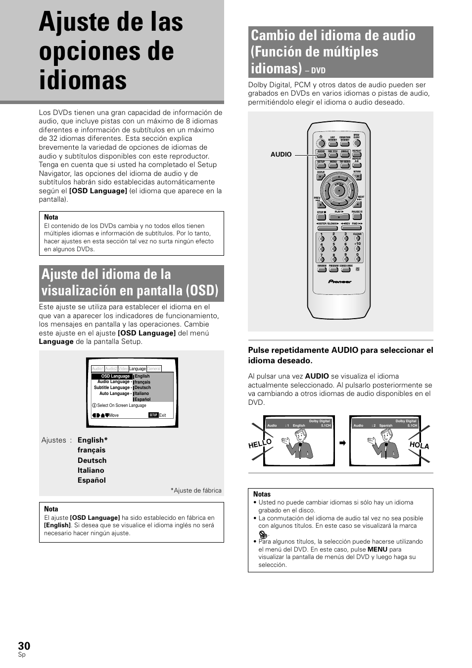 Ajuste de las opciones de idiomas, Ajuste del idioma de la visualización en pantalla, Osd) | Cambio del idioma de audio, Función de múltiples idiomas), Nota, Hello hola, Ajuste de fábrica, Audio | Pioneer DV-343 User Manual | Page 32 / 112