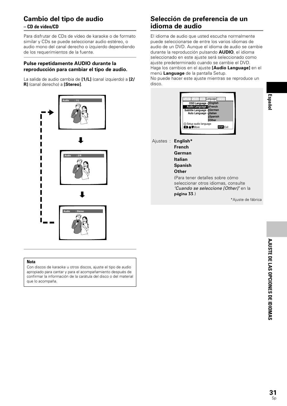 Cambio del tipo de audio, Selección de preferencia de un idioma de audio, Ajuste de las opciones de idiomas | Espa ñ ol, Cd de vídeo/cd | Pioneer DV-343 User Manual | Page 33 / 112