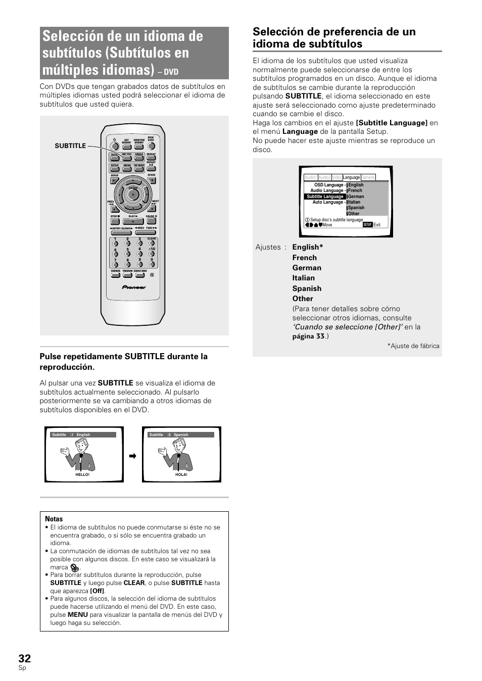 Selección de un idioma de subtítulos, Subtítulos en múltiples idiomas), Cuando se seleccione [other | En la página 33 .), Subtitle, Ajuste de fábrica | Pioneer DV-343 User Manual | Page 34 / 112