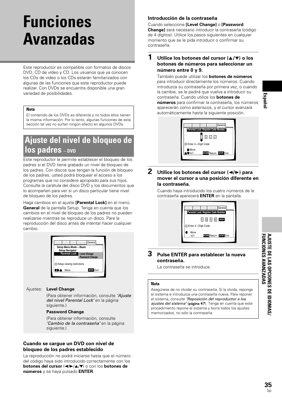 Funciones avanzadas, Ajuste del nivel de bloqueo de los padres | Pioneer DV-343 User Manual | Page 37 / 112