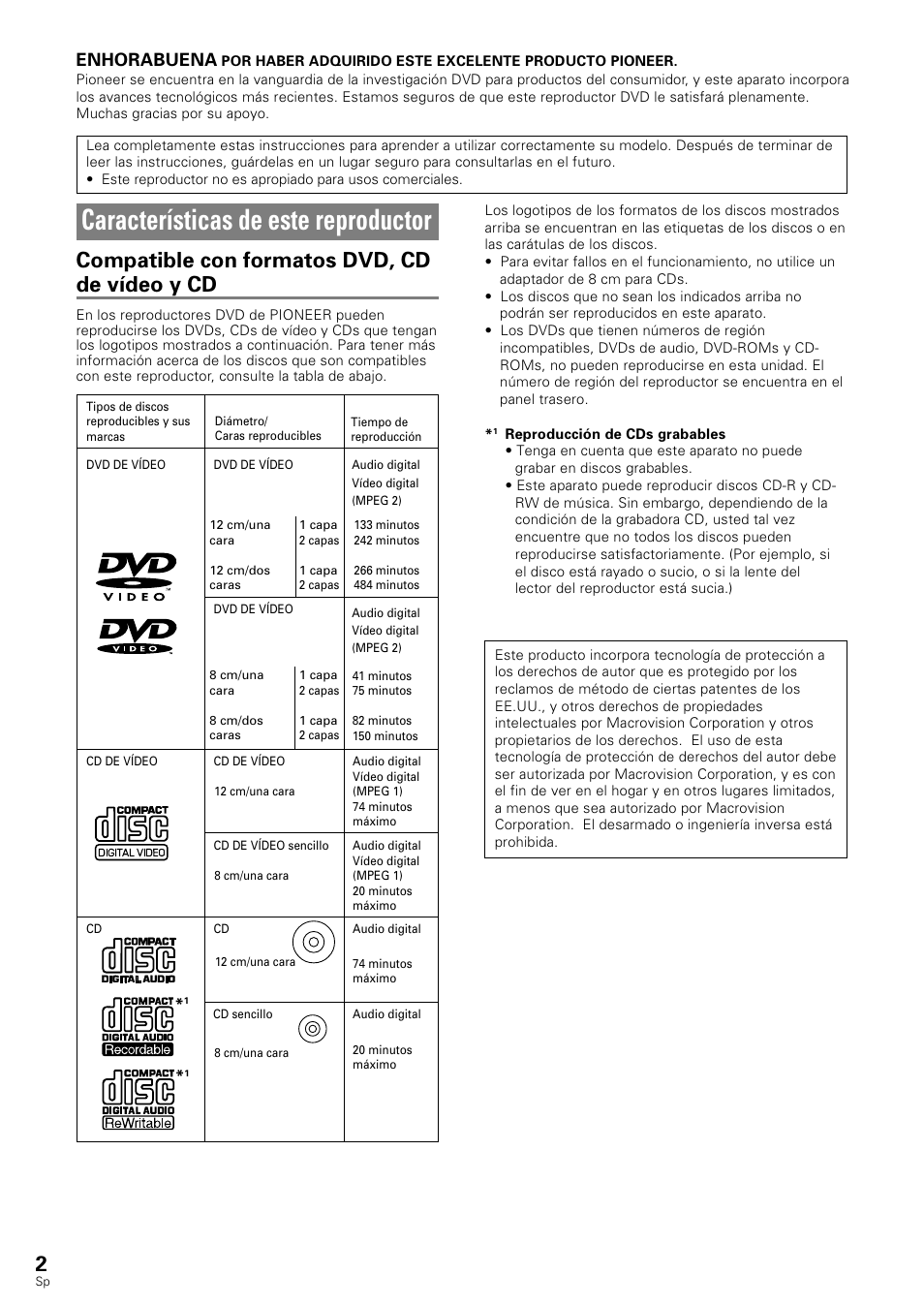 Características de este reproductor, Compatible con formatos dvd, cd de vídeo y cd, Enhorabuena | Pioneer DV-343 User Manual | Page 4 / 112