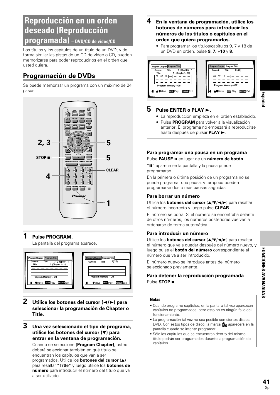 Reproducción en un orden deseado, Reproducción programada), Programación de dvds | Funciones a v anzadas espa ñ ol, Dvd/cd de vídeo/cd, Pulse program, Pulse enter o play 3, Para programar una pausa en un programa, Para borrar un número, Para introducir un número | Pioneer DV-343 User Manual | Page 43 / 112