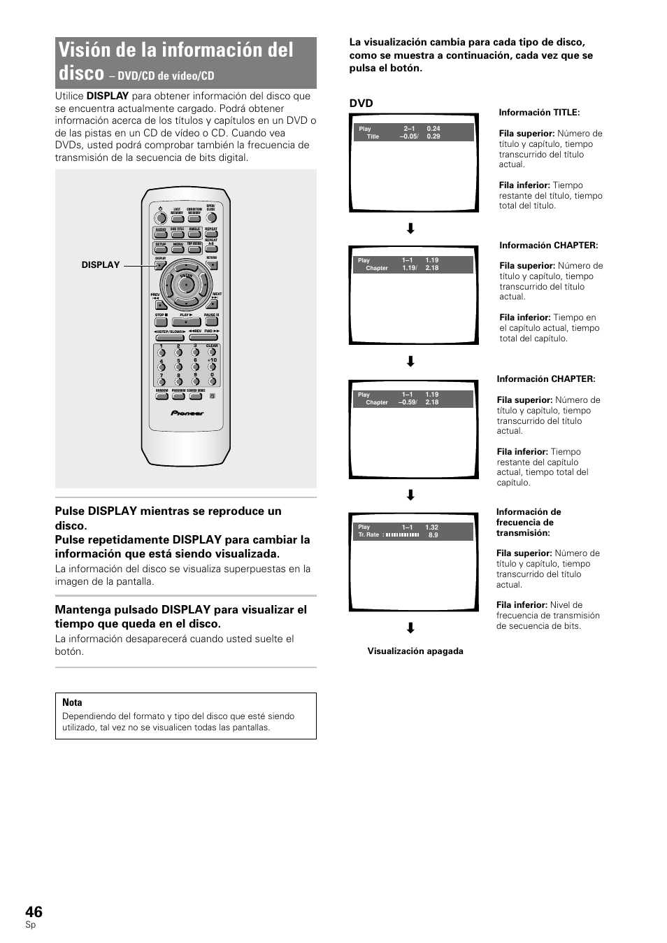 Visión de la información del disco, Dvd/cd de vídeo/cd, Display | Pioneer DV-343 User Manual | Page 48 / 112