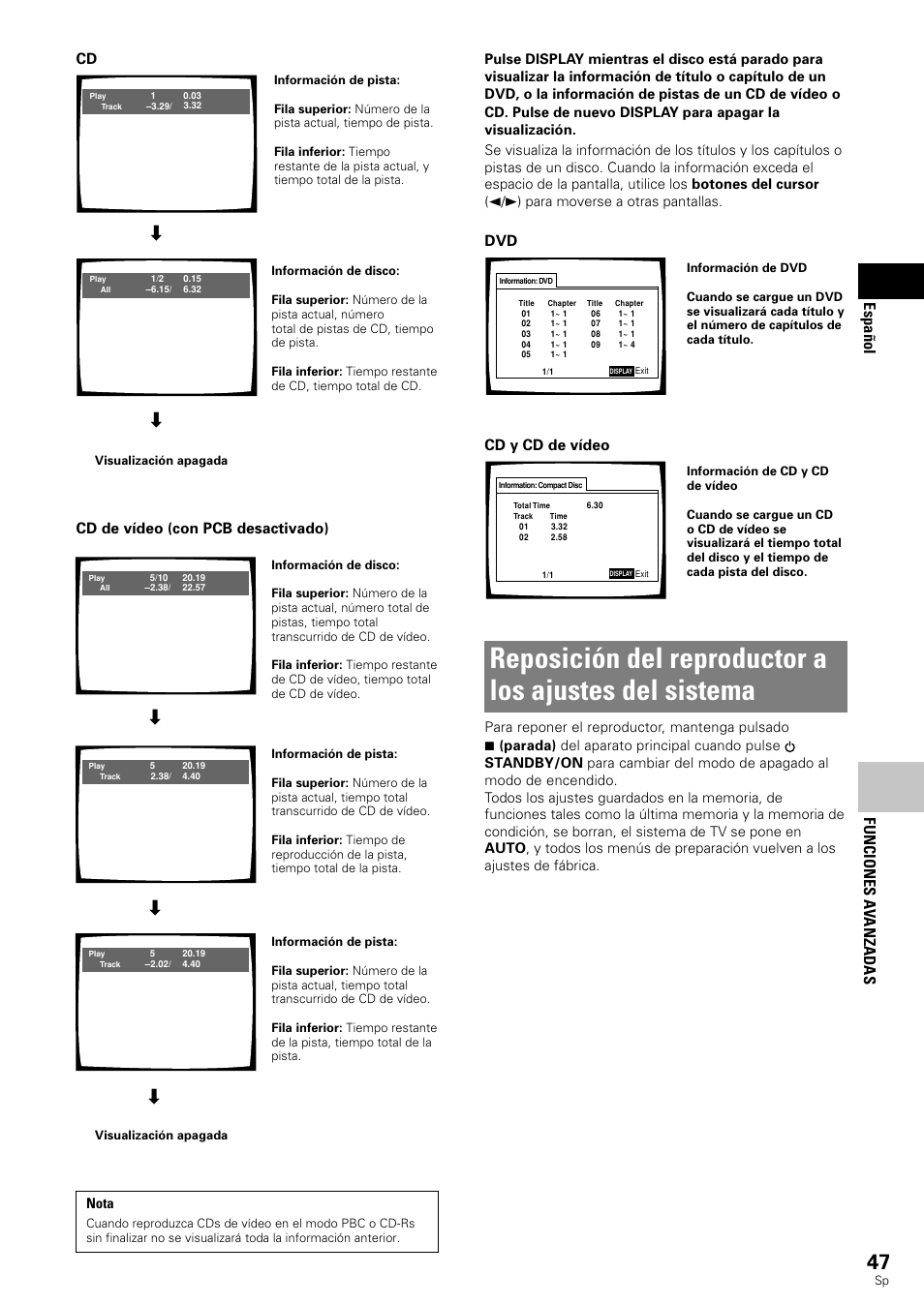 Reposición del reproductor a los ajustes del, Sistema, Funciones a v anzadas espa ñ ol | Cd y cd de vídeo dvd, Cd de vídeo (con pcb desactivado) | Pioneer DV-343 User Manual | Page 49 / 112