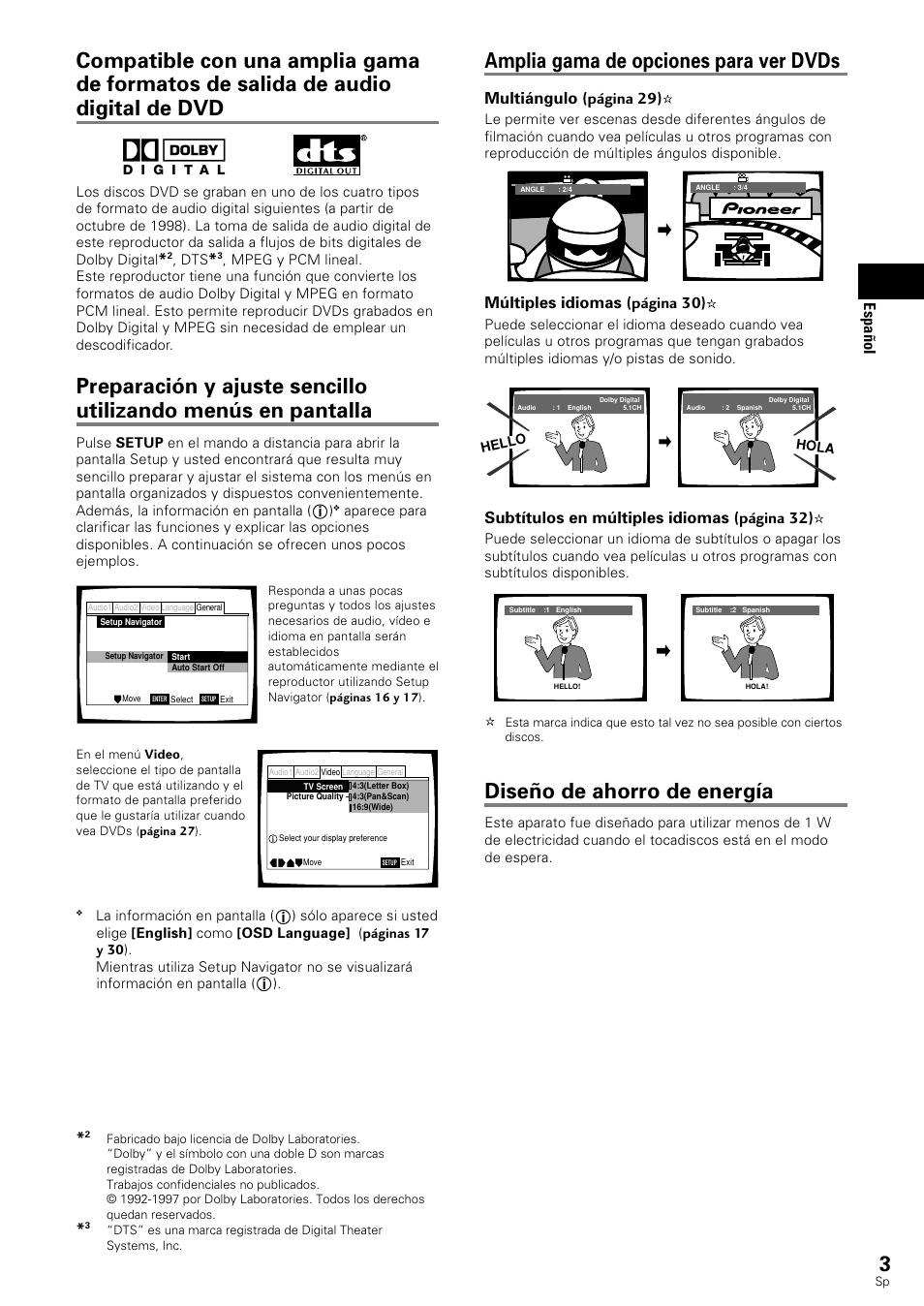 Amplia gama de opciones para ver dvds, Diseño de ahorro de energía, Espa ñ ol | Multiángulo (página 29), Múltiples idiomas (página 30), Subtítulos en múltiples idiomas (página 32) | Pioneer DV-343 User Manual | Page 5 / 112