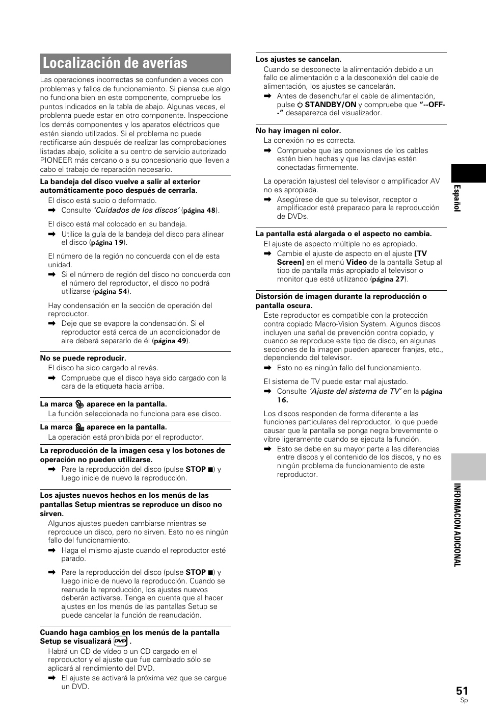 Localización de averías | Pioneer DV-343 User Manual | Page 53 / 112